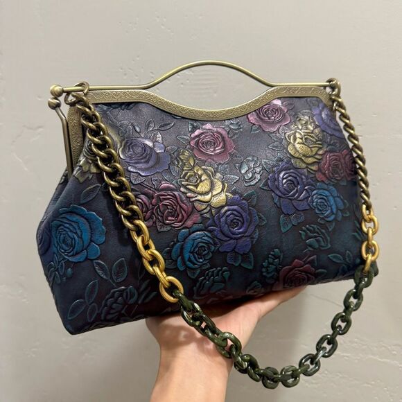 Unique Colorful Rose Embossed Cowhide Handmade Retro Style Kisslock Handbag - Picture 10 of 17